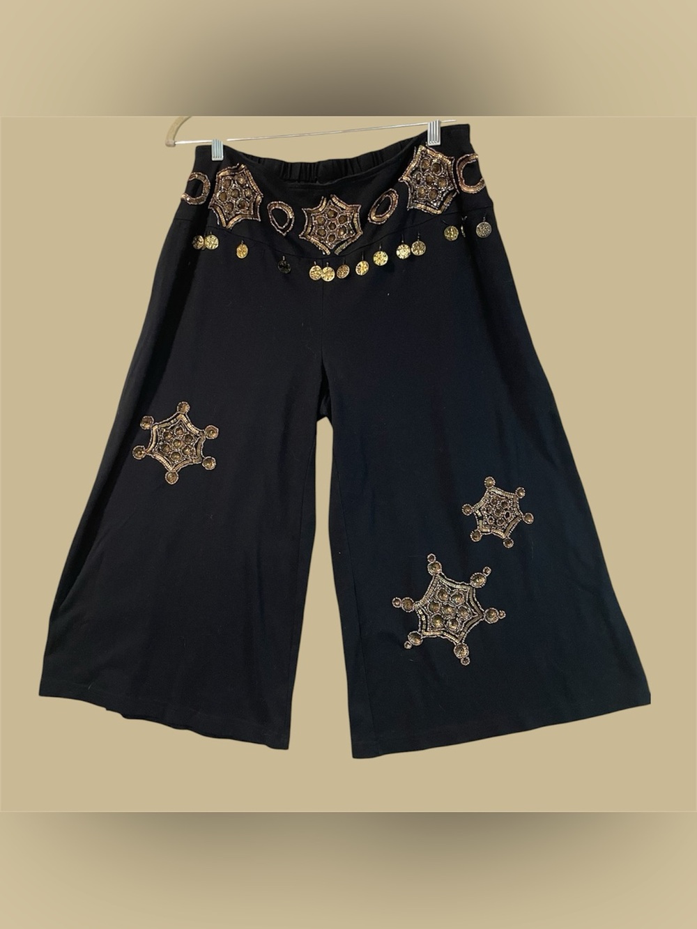 Vintage Black Embellished Wide-Leg Pants with Gold Accents